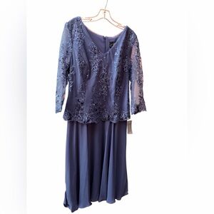 Alex Evenings Cornflower Blue Lace Sequin 3/4 Sleeve V Neck Midi Dress Size 16